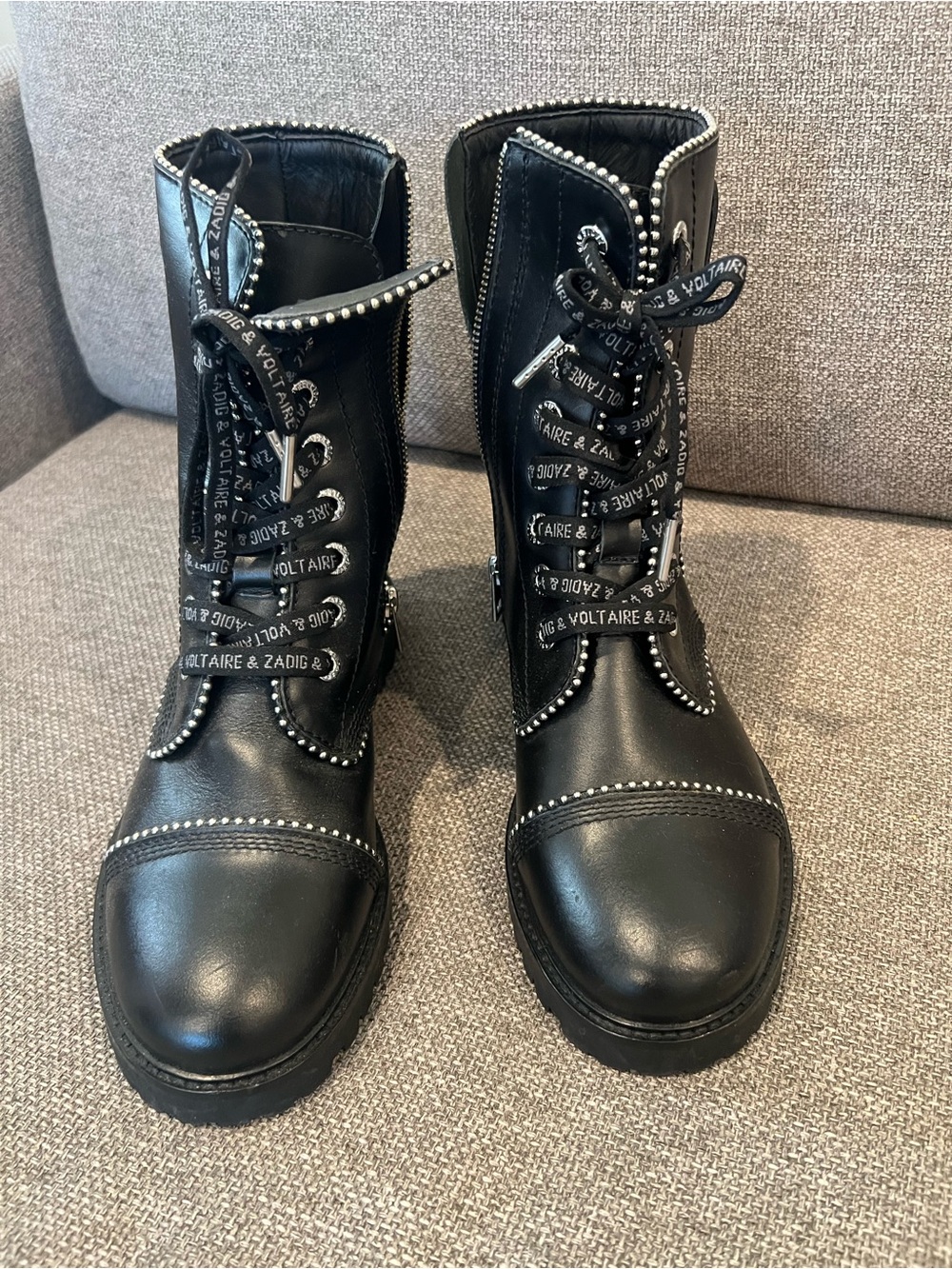 Zadig & Voltaire Black Leather Lace-Up Combat Boots with Stud Trim. Size 40